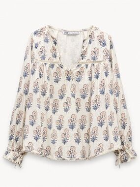 Zara Cream Peasant Blouse w/cream and blush Floral giving coastal cottagecore XS
